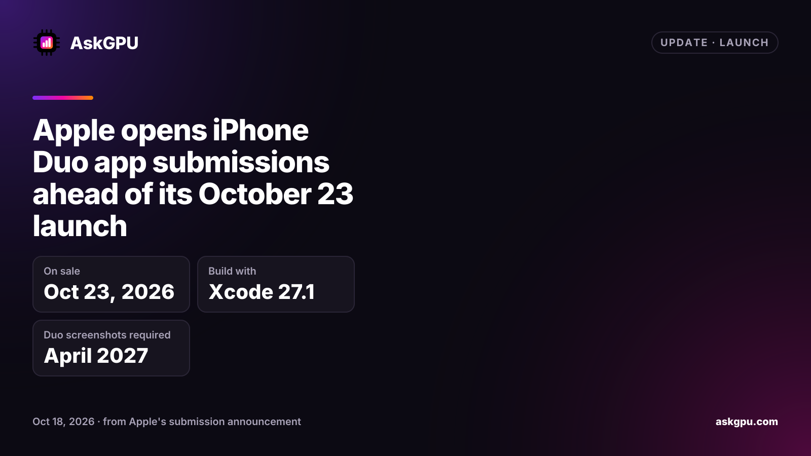 Apple opens iPhone Duo app submissions ahead of its October 23 launch. On sale: Oct 23, 2026, Build with: Xcode 27.1, Duo screenshots required: April 2027.
