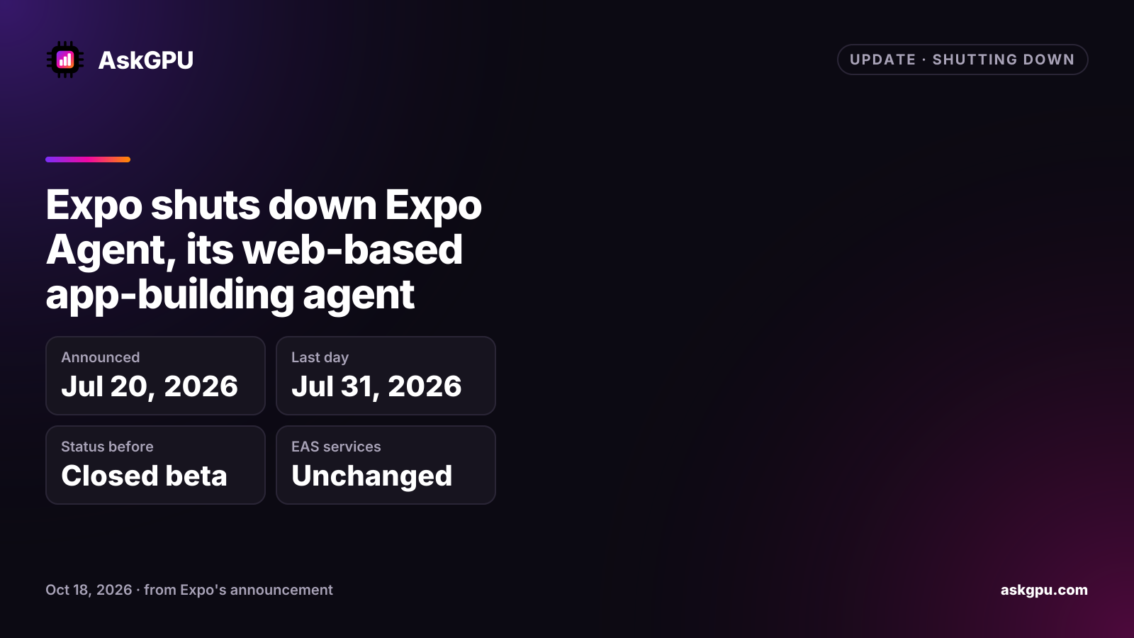 Expo shuts down Expo Agent, its web-based app-building agent. Announced: Jul 20, 2026, Last day: Jul 31, 2026, Status before: Closed beta, EAS services: Unchanged.