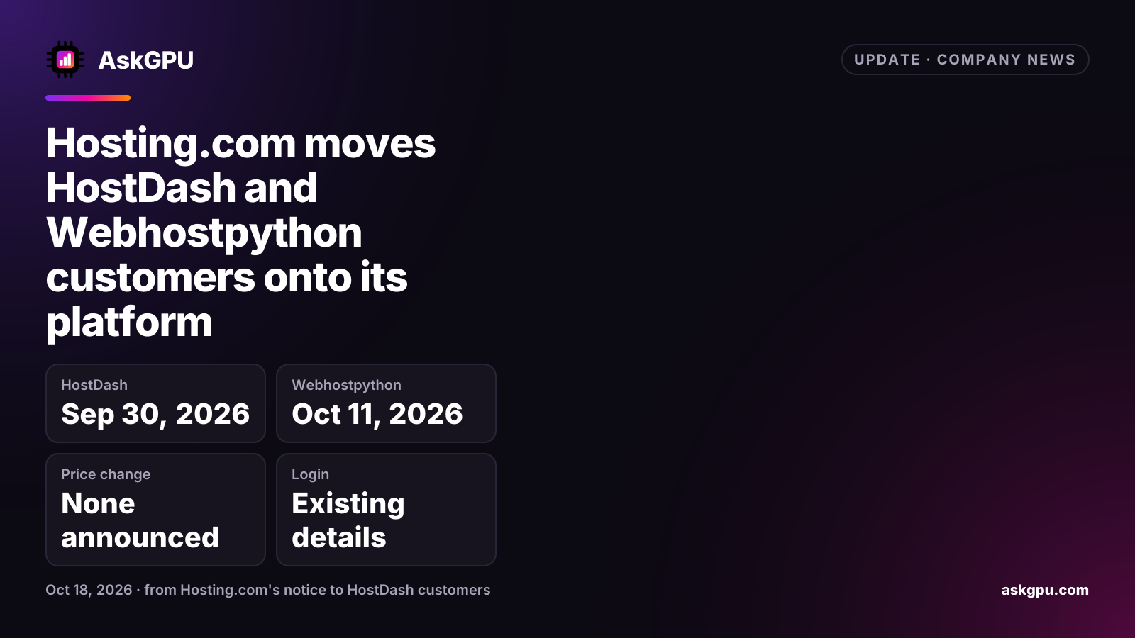 Hosting.com moves HostDash and Webhostpython customers onto its platform. HostDash: Sep 30, 2026, Webhostpython: Oct 11, 2026, Price change: None announced, Login: Existing details.