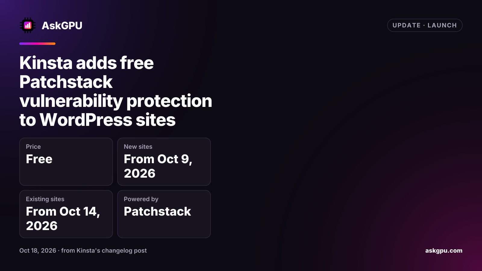 Kinsta adds free Patchstack vulnerability protection to WordPress sites. Price: Free, New sites: From Oct 9, 2026, Existing sites: From Oct 14, 2026, Powered by: Patchstack.