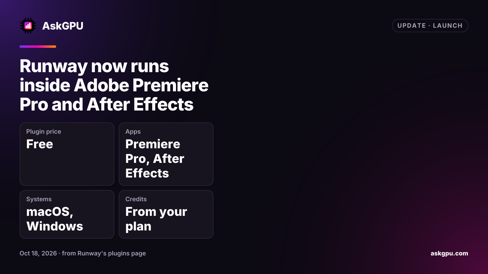 Runway now runs inside Adobe Premiere Pro and After Effects. Plugin price: Free, Apps: Premiere Pro, After Effects, Systems: macOS, Windows, Credits: From your plan.