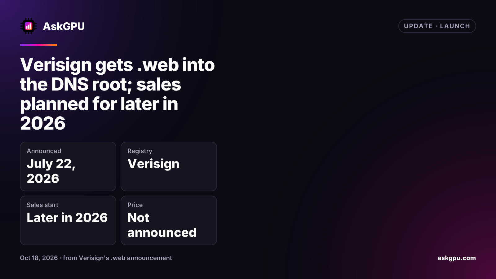 Verisign gets .web into the DNS root; sales planned for later in 2026. Announced: July 22, 2026, Registry: Verisign, Sales start: Later in 2026, Price: Not announced.